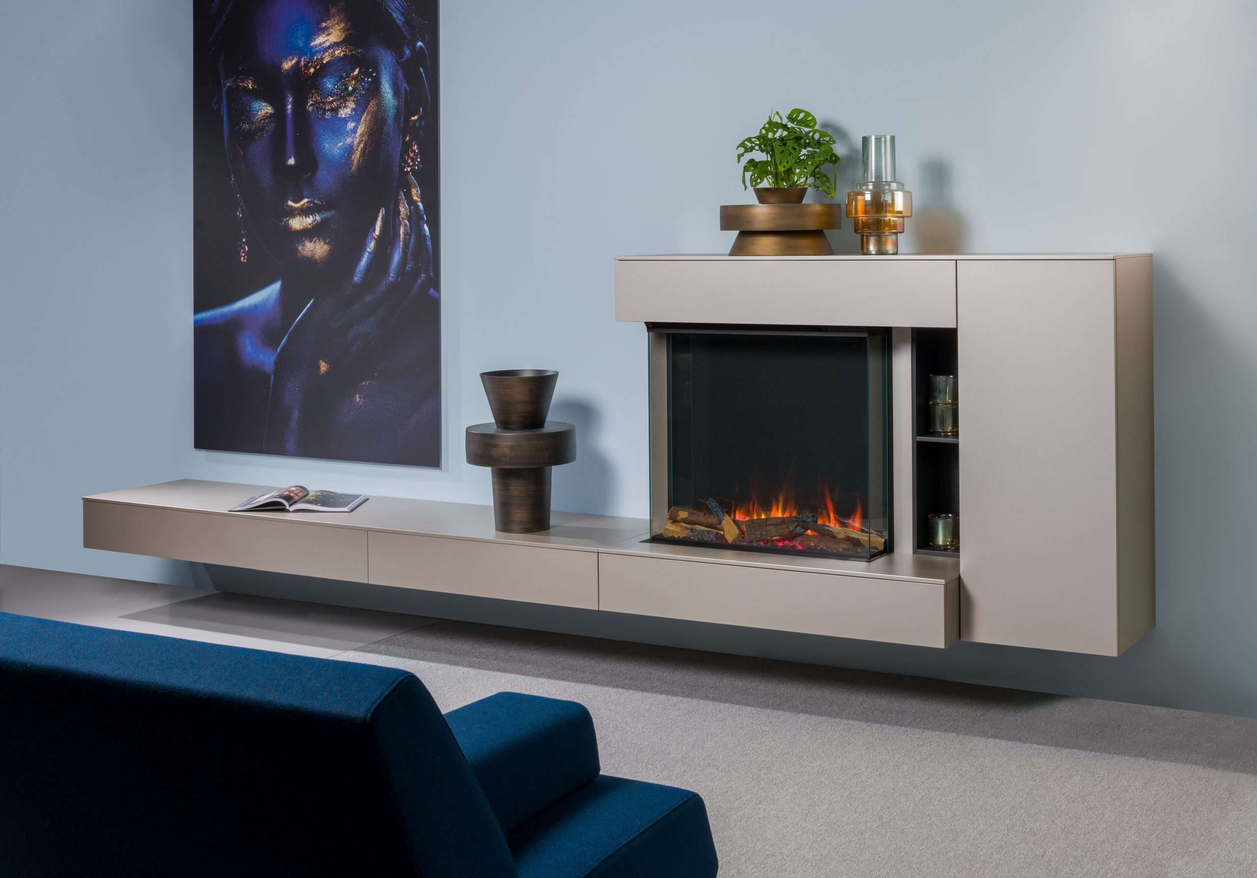 wandkast haard blauw interieur plug meubelen maatwerk katwijk